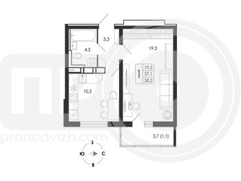 Миниатюра 1-комнатная квартира, 38.2кв.м