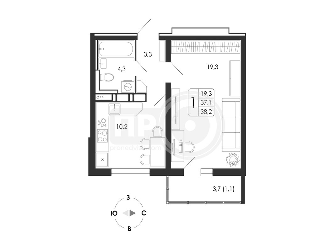 1-комнатная квартира, 38.2кв.м