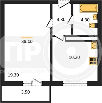 Миниатюра 1-комнатная квартира, 38.1кв.м