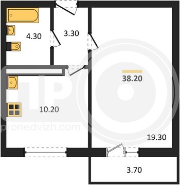 Миниатюра 1-комнатная квартира, 38.2кв.м