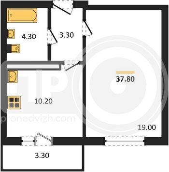 Миниатюра 1-комнатная квартира, 37.8кв.м