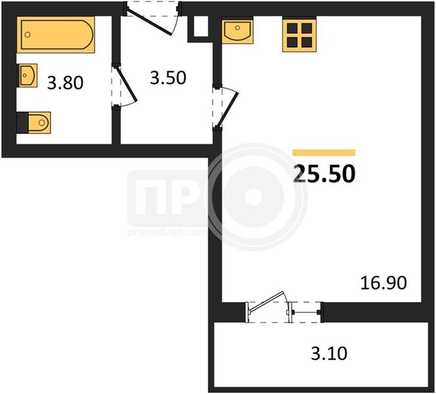 1-комнатная квартира, 25.5кв.м