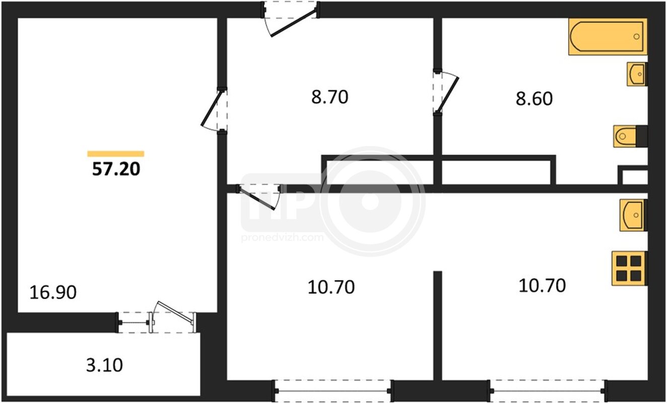 1-комнатная квартира, 57кв.м
