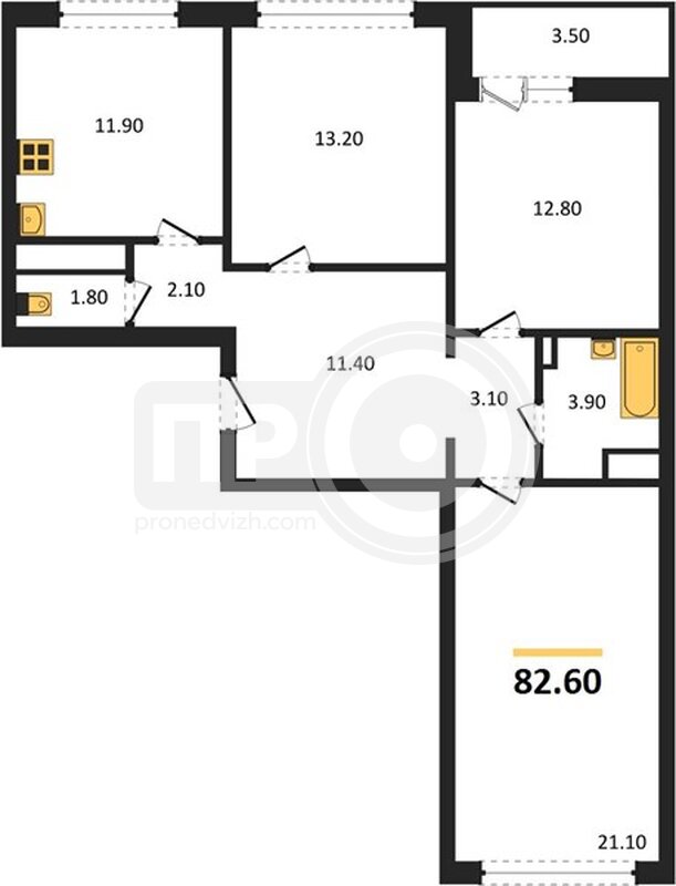 3-комнатная квартира, 82.6кв.м