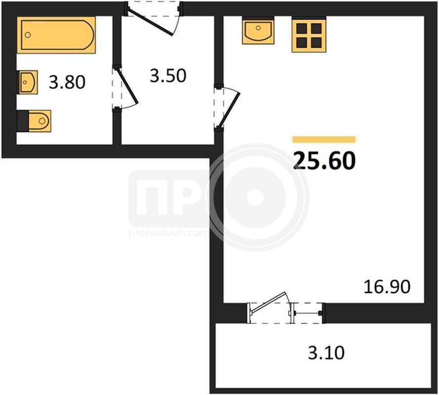 1-комнатная квартира, 25.6кв.м