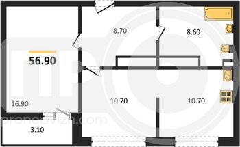 Миниатюра 1-комнатная квартира, 56.9кв.м