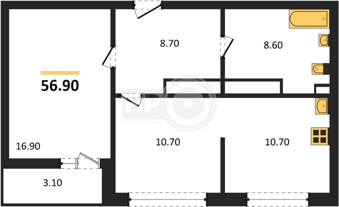 1-комнатная квартира, 56.9кв.м