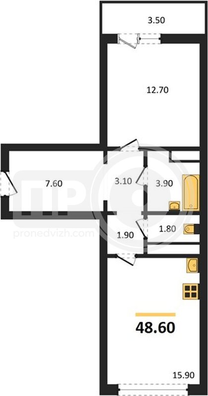 1-комнатная квартира, 48.6кв.м