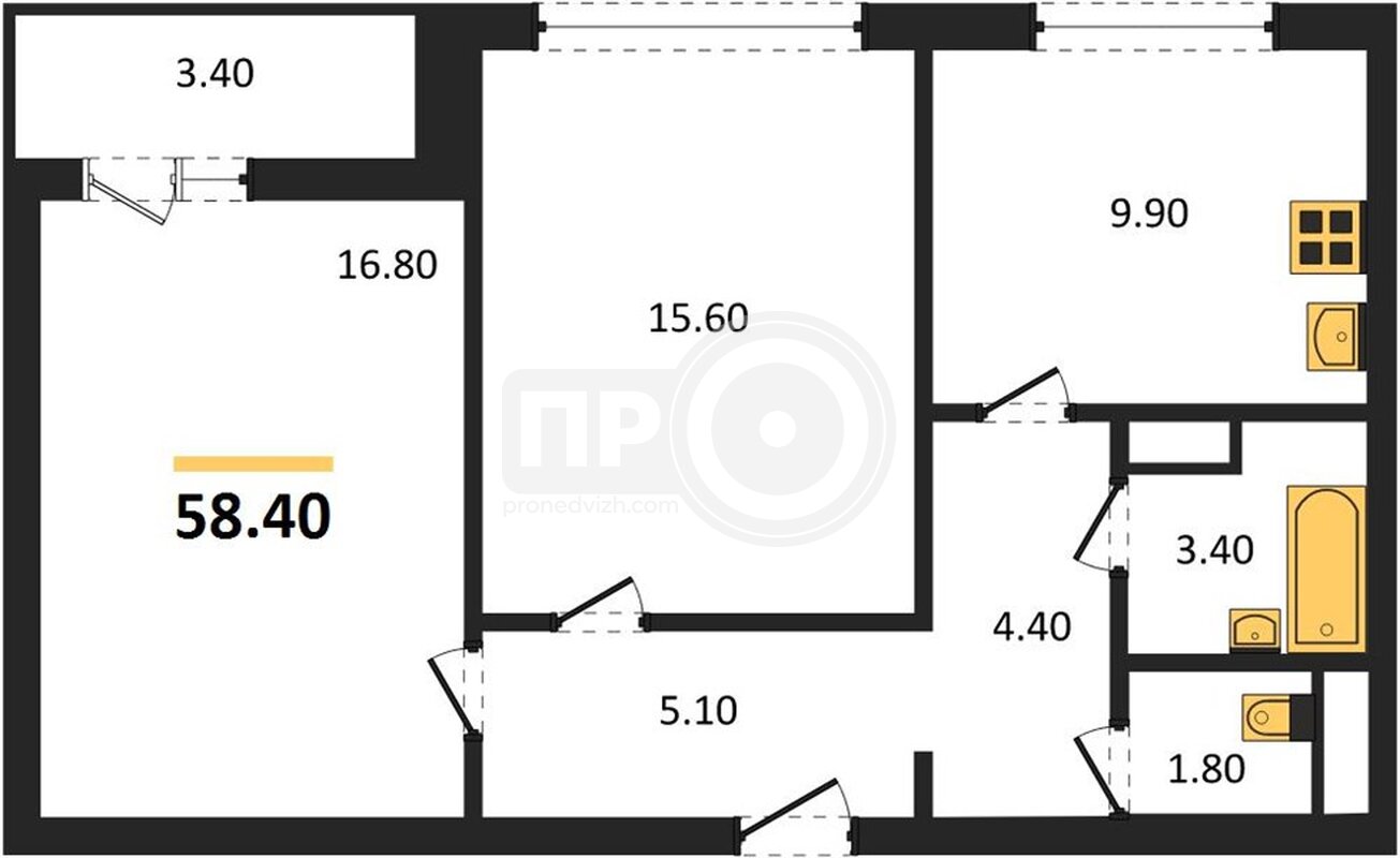2-комнатная квартира, 58.4кв.м