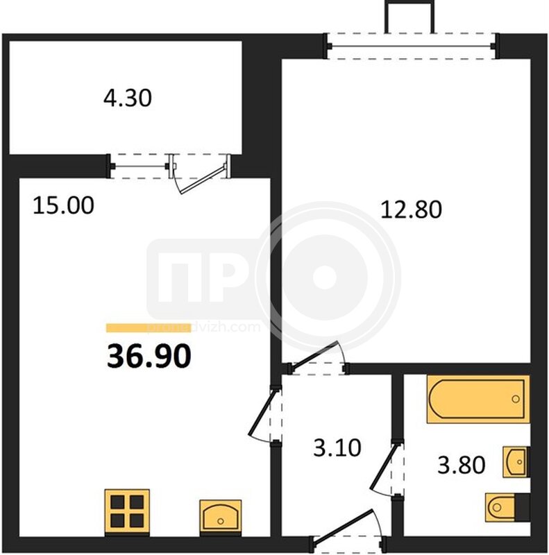 1-комнатная квартира, 36.9кв.м