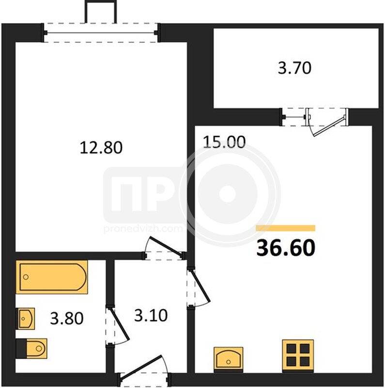 1-комнатная квартира, 36.6кв.м