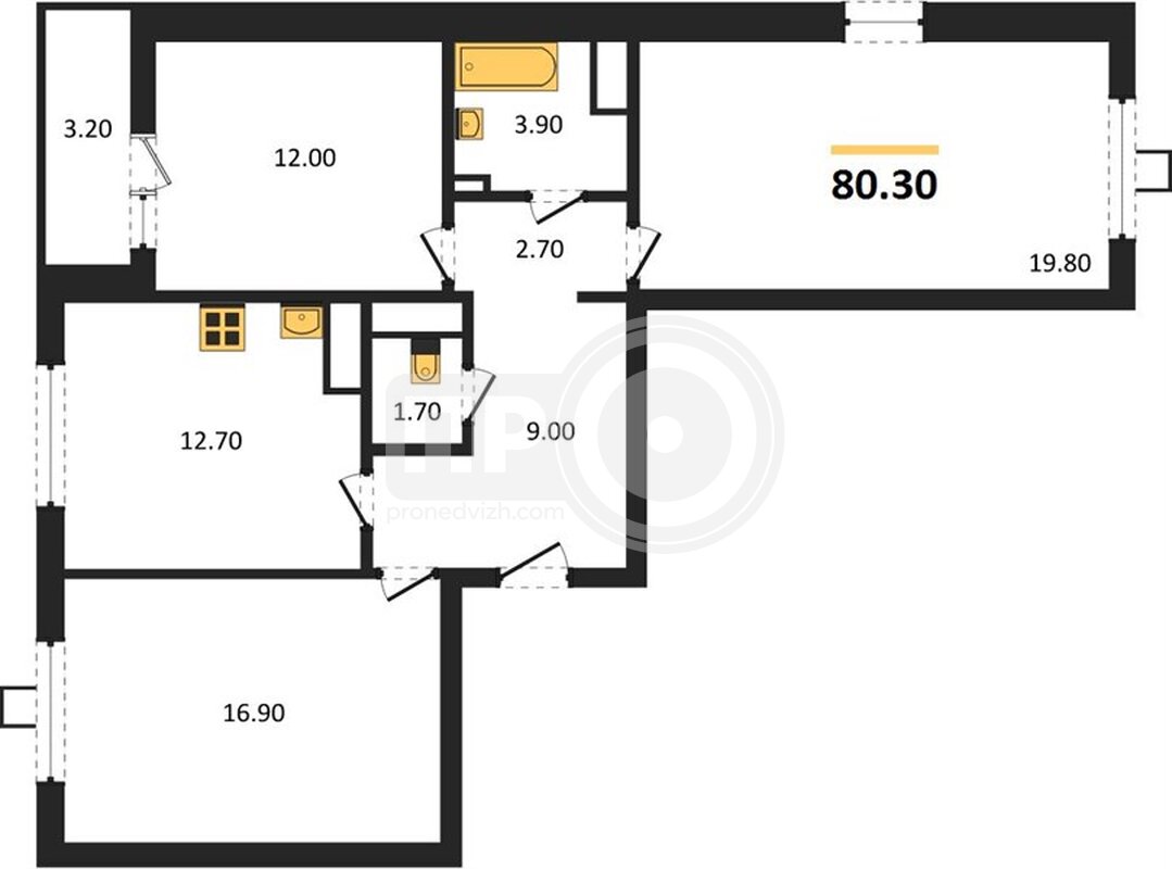 3-комнатная квартира, 80.3кв.м