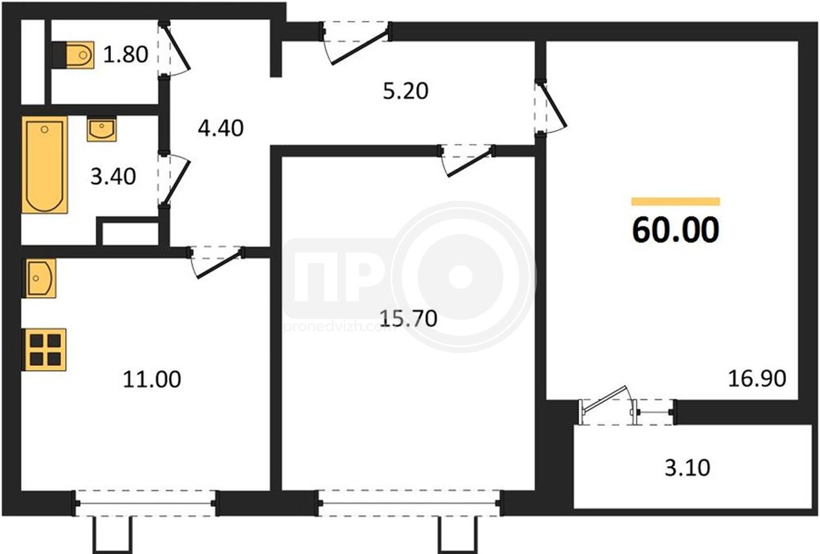 2-комнатная квартира, 60кв.м