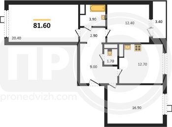 Миниатюра 3-комнатная квартира, 81.6кв.м