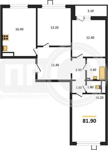 Миниатюра 3-комнатная квартира, 81.9кв.м