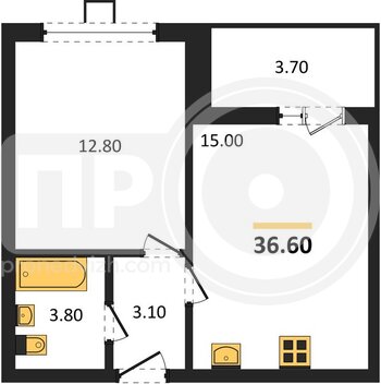 Миниатюра 1-комнатная квартира, 36.6кв.м