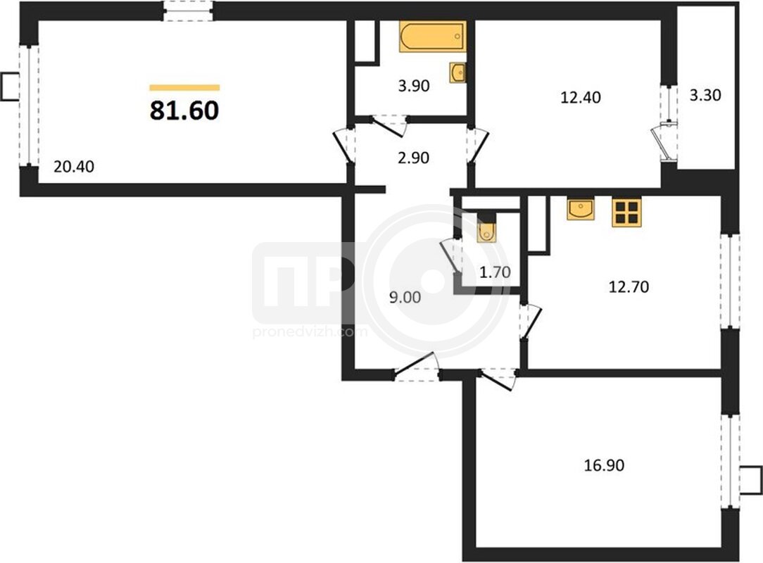 3-комнатная квартира, 81.6кв.м