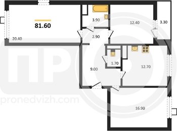 Миниатюра 3-комнатная квартира, 81.6кв.м
