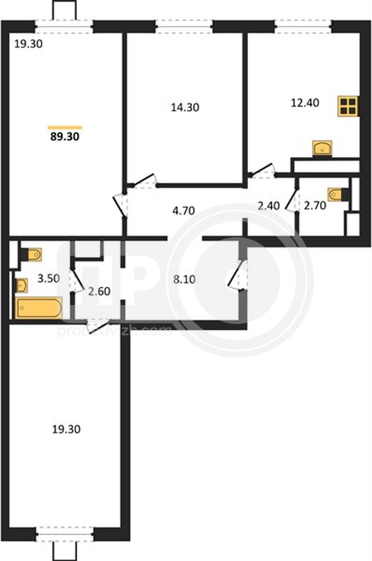 3-комнатная квартира, 89.3кв.м
