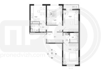 Миниатюра 3-комнатная квартира, 83.7кв.м