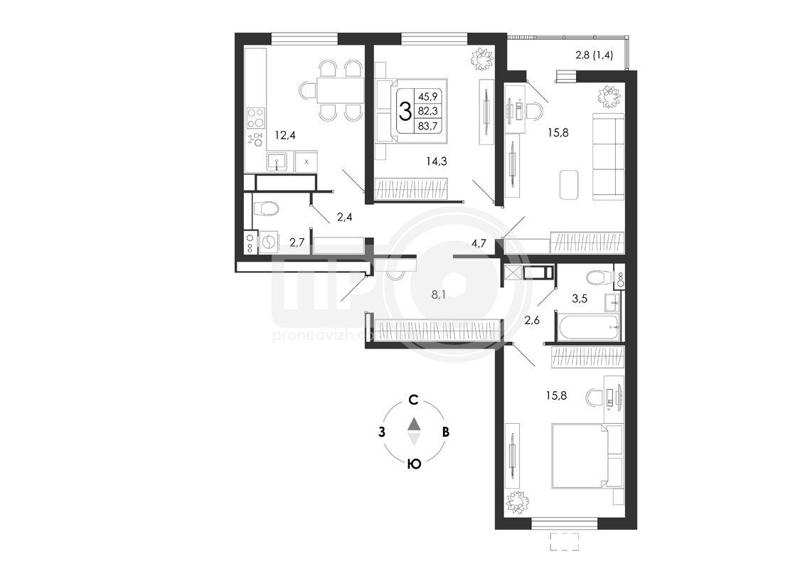 3-комнатная квартира, 83.7кв.м