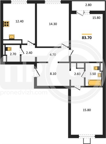 Миниатюра 3-комнатная квартира, 83.7кв.м