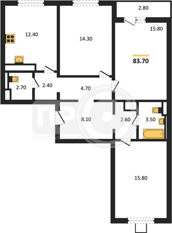 3-комнатная квартира, 83.7кв.м