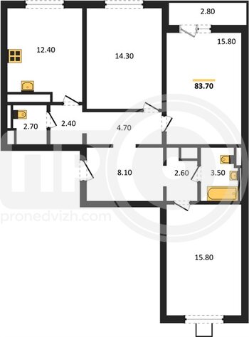 Миниатюра 3-комнатная квартира, 83.7кв.м
