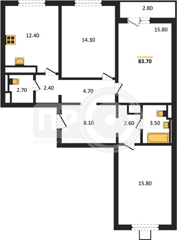 3-комнатная квартира, 83.7кв.м