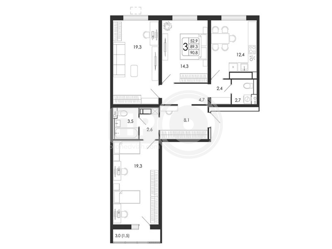 3-комнатная квартира, 90.8кв.м