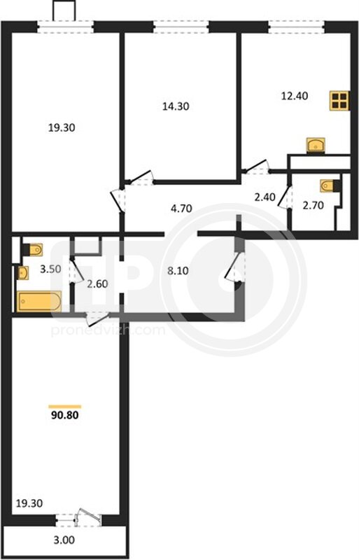 3-комнатная квартира, 90.8кв.м