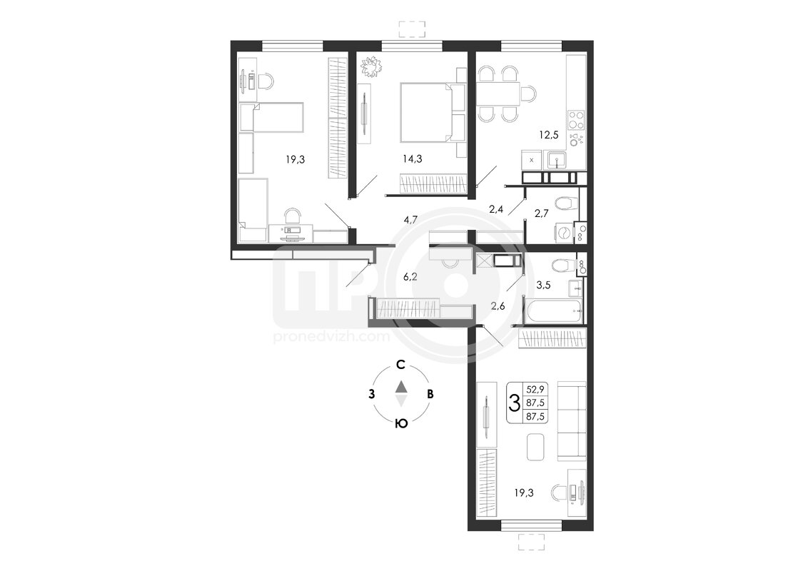 3-комнатная квартира, 87.5кв.м