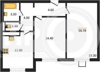 Миниатюра 2-комнатная квартира, 58.7кв.м