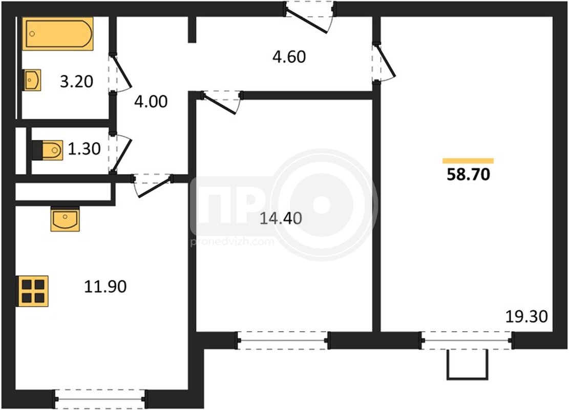 2-комнатная квартира, 58.7кв.м