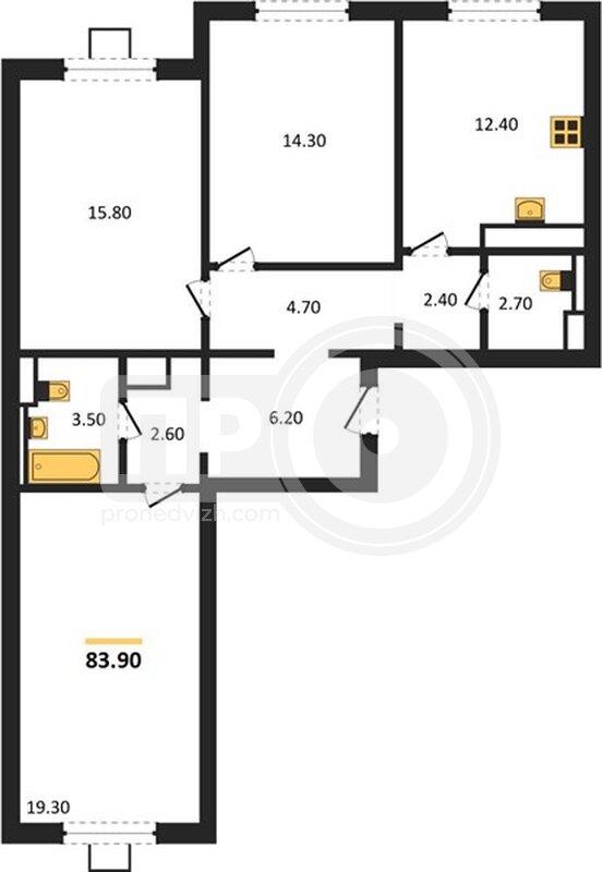 3-комнатная квартира, 83.9кв.м