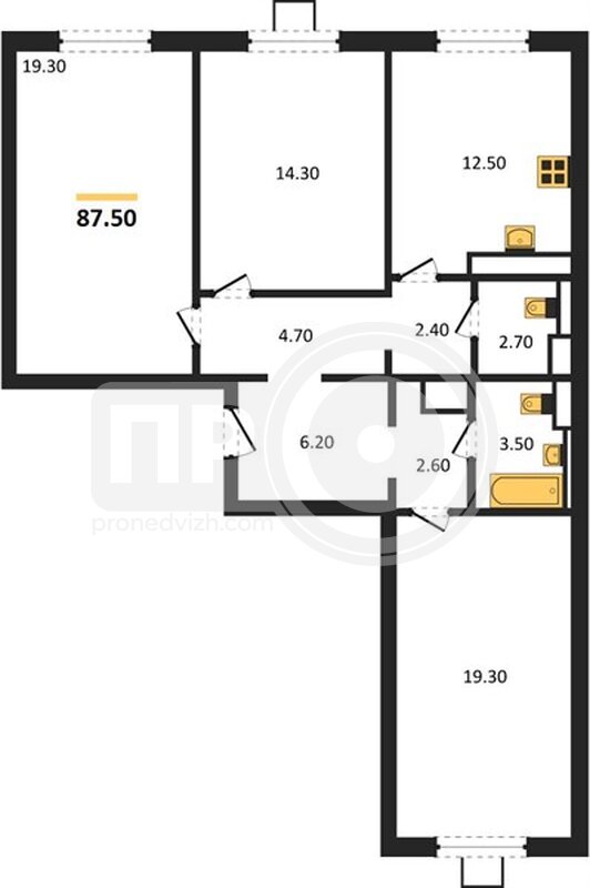 3-комнатная квартира, 87.5кв.м