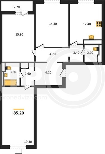 Миниатюра 3-комнатная квартира, 85.2кв.м