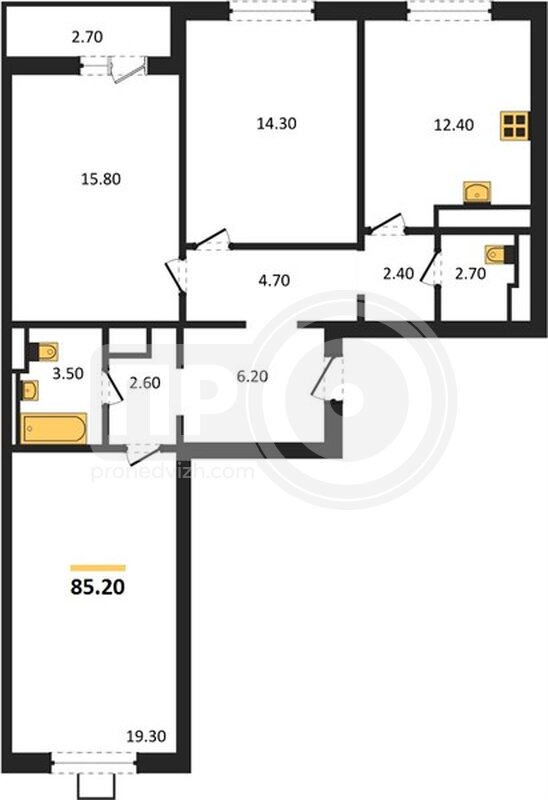 3-комнатная квартира, 85.2кв.м