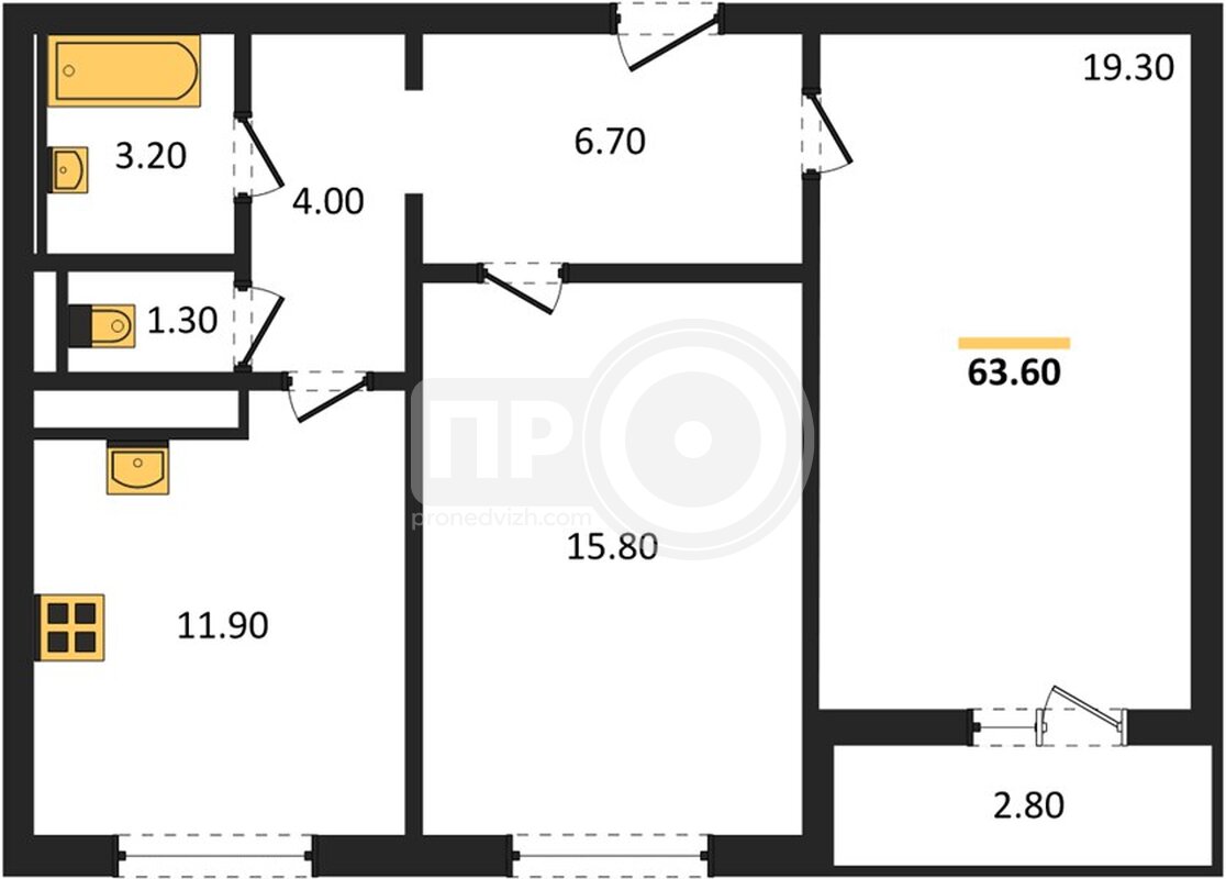2-комнатная квартира, 63.6кв.м