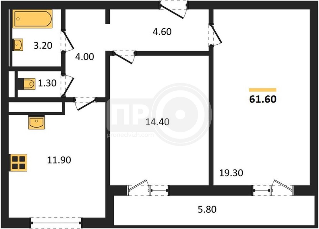 2-комнатная квартира, 61.6кв.м