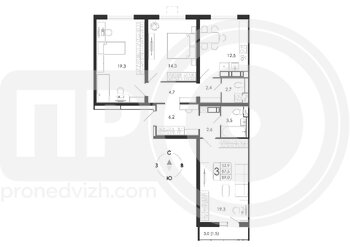 Миниатюра 3-комнатная квартира, 89кв.м