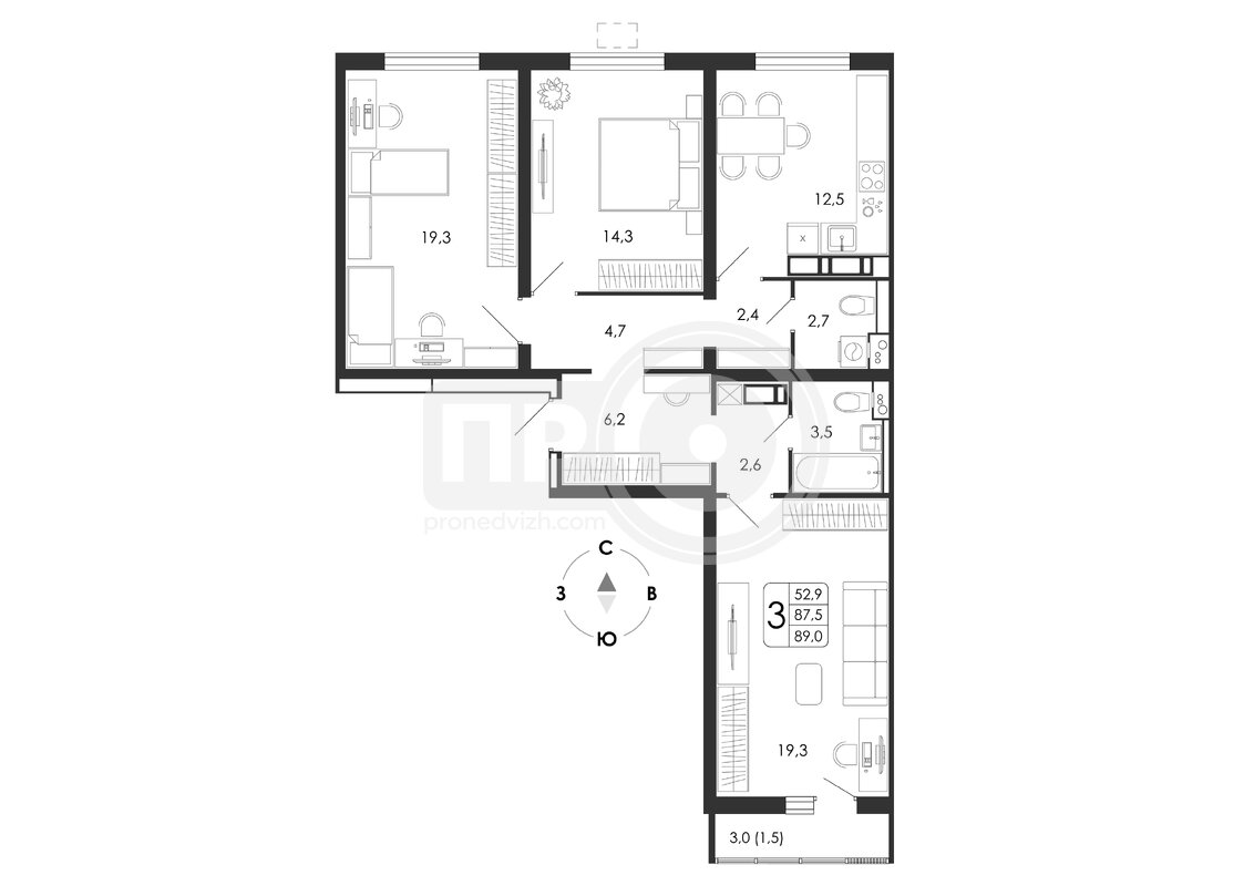 3-комнатная квартира, 89кв.м
