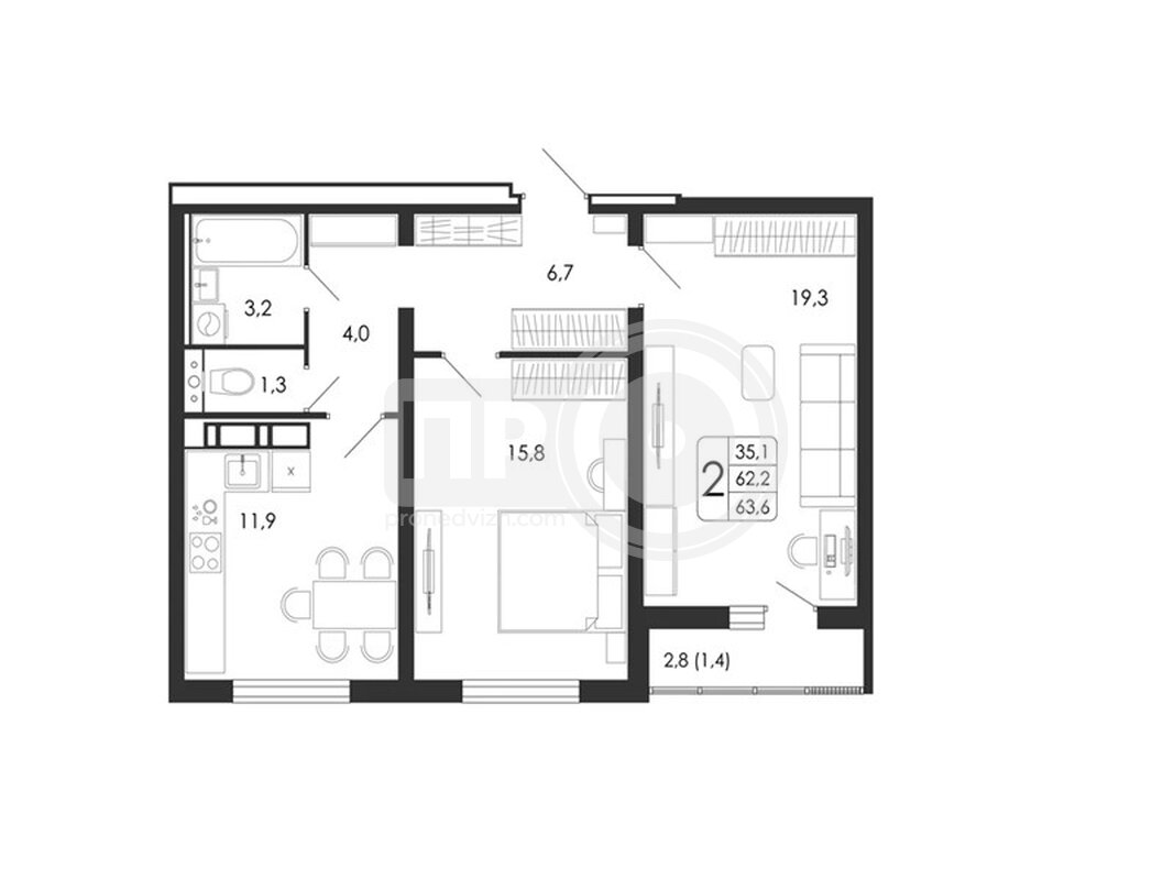 2-комнатная квартира, 63.6кв.м
