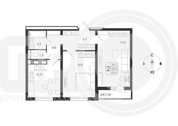 Миниатюра 2-комнатная квартира, 63.6кв.м