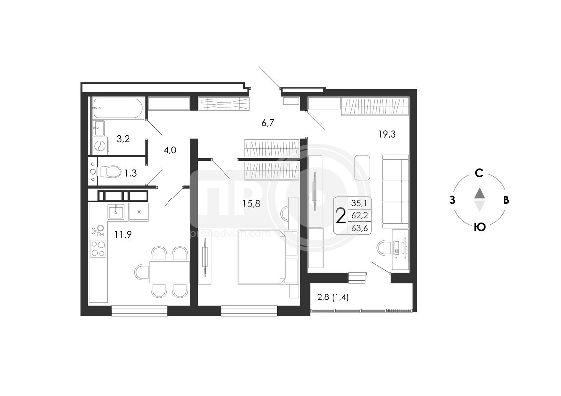 2-комнатная квартира, 63.6кв.м