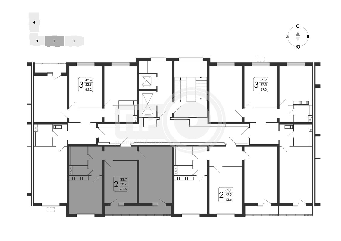 2-комнатная квартира, 61.6кв.м