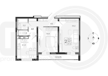 Миниатюра 2-комнатная квартира, 61.6кв.м