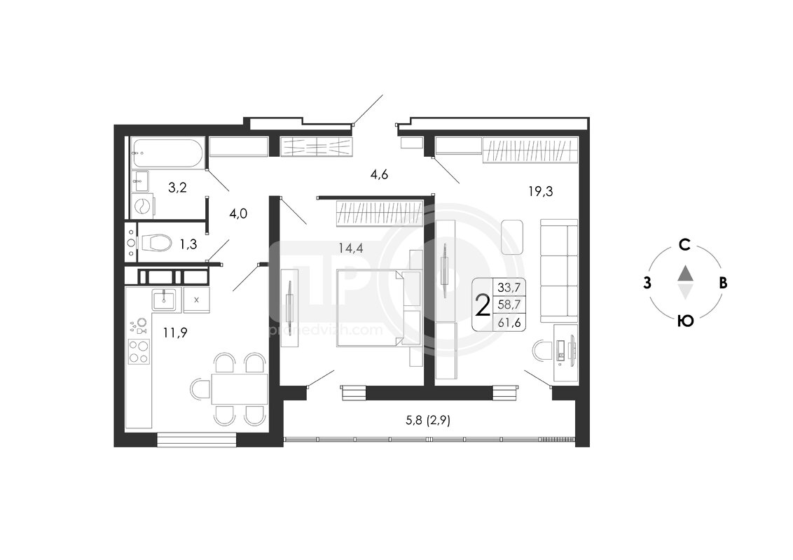 2-комнатная квартира, 61.6кв.м