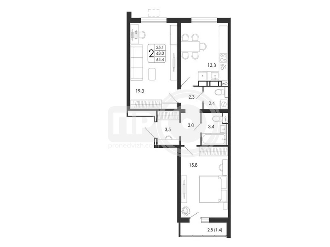 2-комнатная квартира, 64.4кв.м