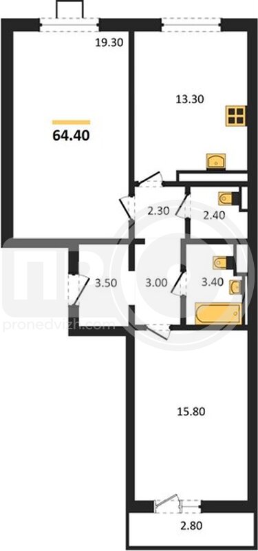 2-комнатная квартира, 64.4кв.м